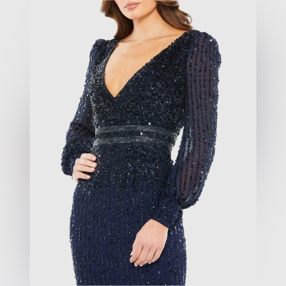 Mac Duggal Navy Sequined V Neck Bishop Sleeve Dress - Picture 1 of 8